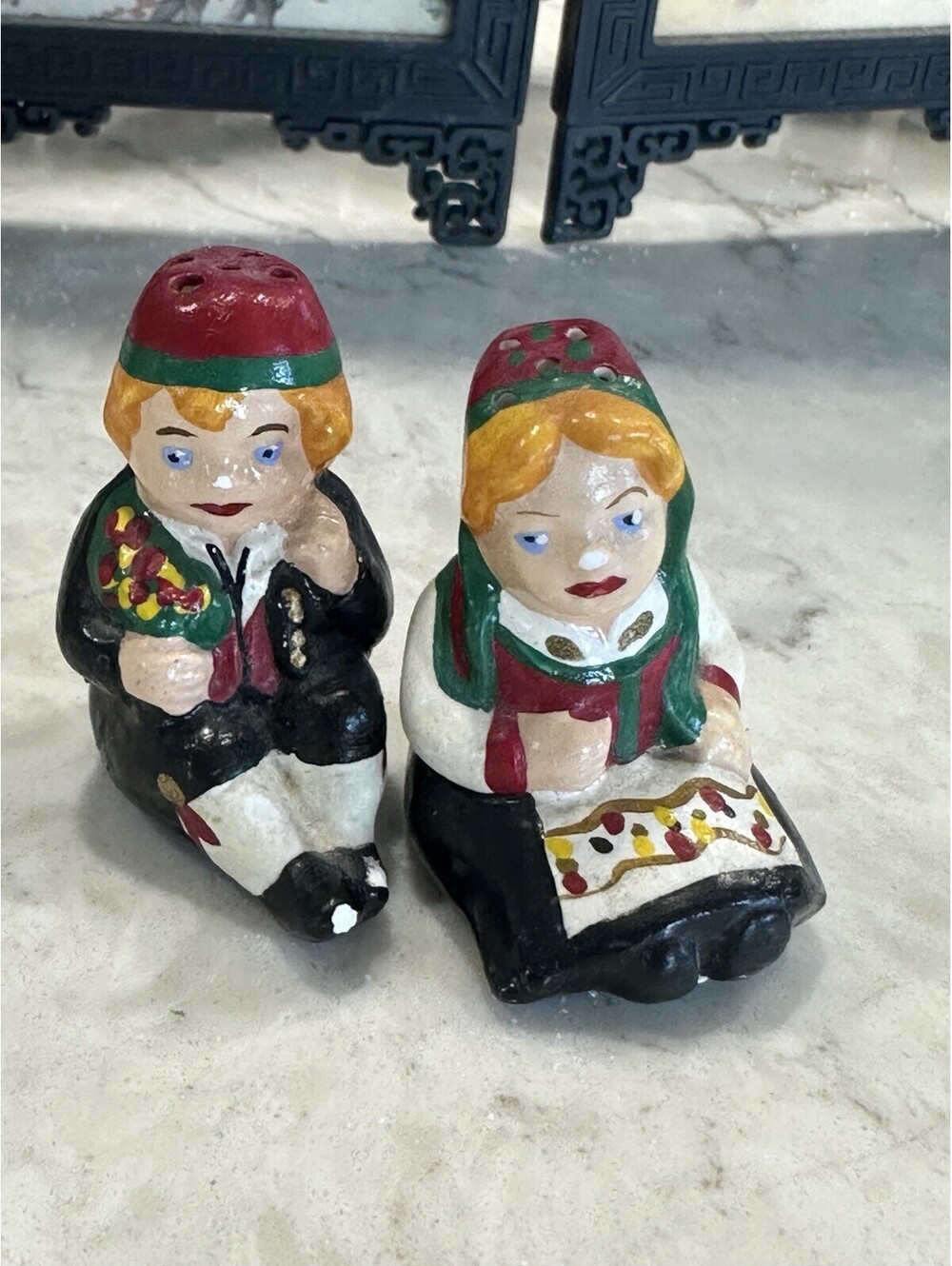 Vintage Ceramic Salt and Pepper Shakers Feature A German couple 1.50 Inches Tall